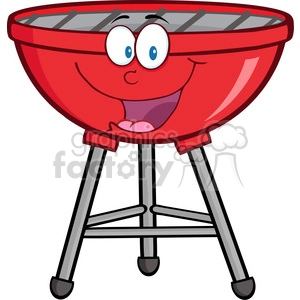 Clipart image of a red grill with a happy face, featuring blue eyes and a big smile, on a white background.