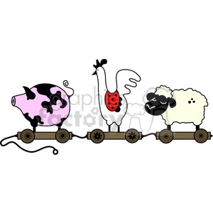 Clipart image of a playful animal train featuring a pig, a rooster, and a sheep on separate train cars.