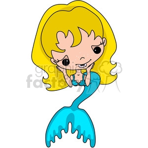 A cute, cartoon-style mermaid with long blonde hair, blue tail, and seashell top, resting her chin on her hands.