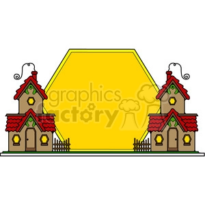 A clipart image featuring two small, cartoonish houses with red roofs and green trim, positioned on either side of a large yellow hexagon shape, intended for use as a frame or background.