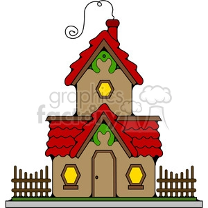 A whimsical cartoon-style house with red roofs, yellow windows, and a surrounding wooden fence.