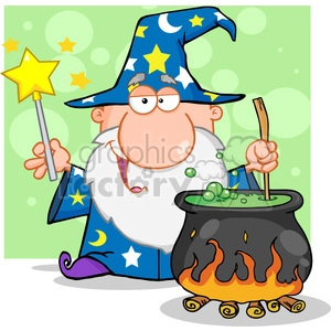 Cartoon illustration of a wizard wearing a blue robe with stars and moons, holding a magic wand in one hand and stirring a bubbling cauldron with the other.