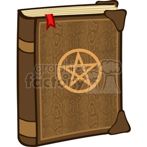 A brown leather-bound book with a pentagram on the cover and a red bookmark.