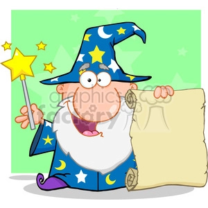 Cartoon Wizard with Magic Wand and Blank Scroll