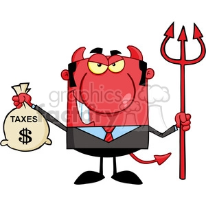 Royalty Free Smiling Devil With A Trident And Holding Taxes Bag