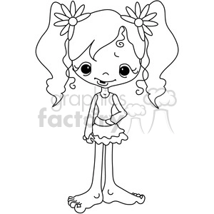 A black and white clipart image of a cartoon girl with big eyes, curly hair tied with flower hair ties, and wearing a sleeveless top and a skirt. She has an adorable smile and stands with one hand resting on her hip.
