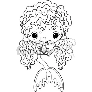 A black and white clipart of a cute mermaid with curly hair and large eyes.