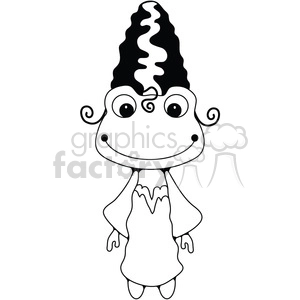 A whimsical black-and-white clipart image depicting a cartoon character with a tall, wavy hat, round eyes, and a smile, wearing a long robe with wide sleeves.