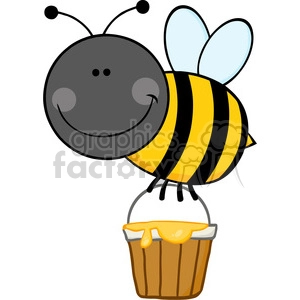 A cheerful cartoon bee carrying a wooden bucket of honey, featuring a big smile and blue wings.