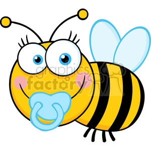 This is a cute cartoon illustration of a smiling baby bee with a blue pacifier in its mouth. The bee has large, expressive blue eyes, pink cheeks, and two antennas with yellow tips. Its body is yellow with black stripes and has light blue wings.