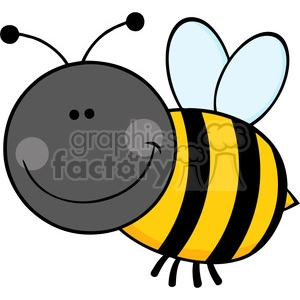 A cute and colorful illustration of a smiling bee with a dark gray head, yellow and black striped body, light blue wings, and antennae.
