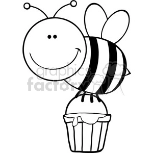 A cheerful cartoon bee with a big smile, carrying a bucket filled with honey. The bee has simple black and white outlines and details with antennae and wings.
