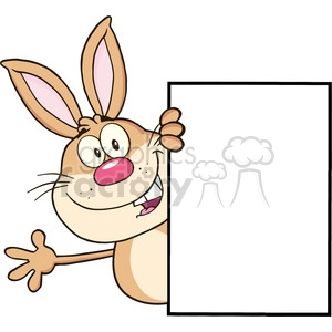 Cartoon brown rabbit with big ears holding a blank signboard, smiling and waving.