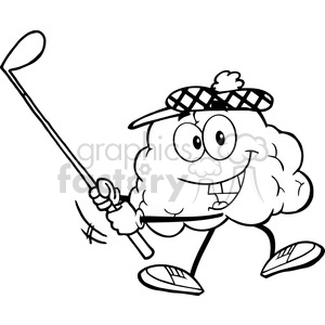 5991 Royalty Free Clip Art Smiling Brain Cartoon Character Swinging A Golf Club 2