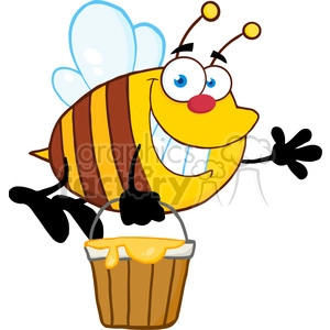 A cheerful cartoon bee with blue wings and a red nose is holding a bucket of honey while smiling and waving.