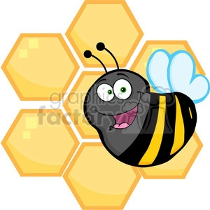 A cheerful cartoon bee with green eyes, black and yellow stripes, and blue wings is in front of a background featuring hexagonal honeycombs.