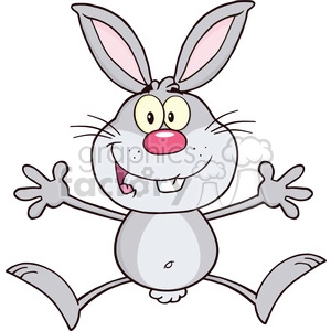 A cheerful cartoon gray rabbit with pink ears, a red nose, and big eyes, jumping with an excited expression.