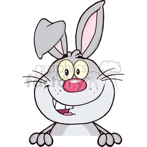 A cartoon grey bunny with large ears and a pink nose, smiling and peeking over a surface.