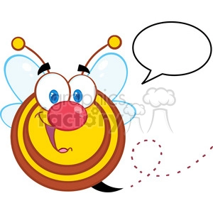 A cheerful cartoon bee with big blue eyes, a wide smile, and a speech bubble. The bee is yellow with brown stripes and has blue wings and antennae with yellow tips.