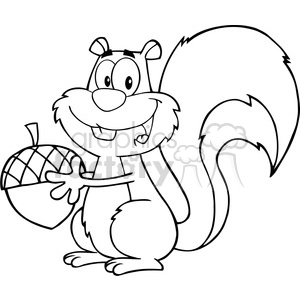 6727 Royalty Free Clip Art Black and White Cute Squirrel Cartoon Mascot Character Holding A Acorn