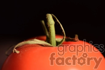 Close-up image of a ripe red tomato with a stem on a dark background.