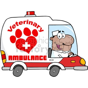 The clipart image depicts a whimsical and cartoonish representation of a veterinary ambulance. The ambulance is mostly white with red accents, and has the words Veterinary Ambulance prominently displayed on its side. The design includes a large red heart with a white medical cross and a paw print inside it, symbolizing care for animals. A character that appears to be a veterinarian or medical professional is shown driving the ambulance; he's wearing a white coat, has a cheerful expression, and is wearing eyeglasses.