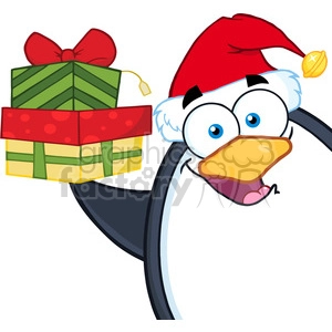 Royalty Free RF Clipart Illustration Smiling Penguin Cartoon Mascot Character Holding Up A Stack Of Gifts