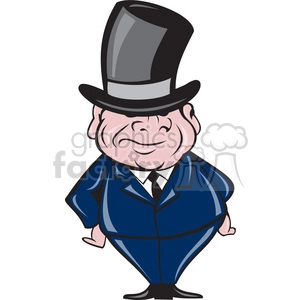 The clipart image shows a cartoon character of a short, fat man wearing a top hat. The character could potentially be used as a mascot or icon to represent various concepts such as bankers, banks, business corporations, government, or funny people.