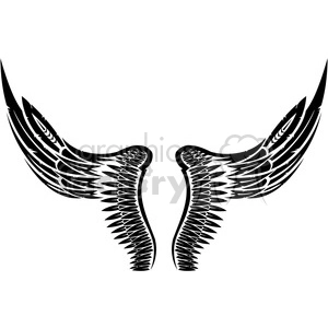 This clipart image features a pair of intricately designed black angel wings with detailed feather patterns, set against a white background.