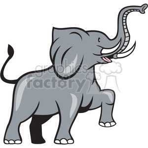 The clipart image depicts a side view of an elephant walking, with its head facing left and its trunk lifted up. The elephant has a cartoonish look to it and could be used as a mascot or logo for a company or organization related to elephants or wildlife in general.
