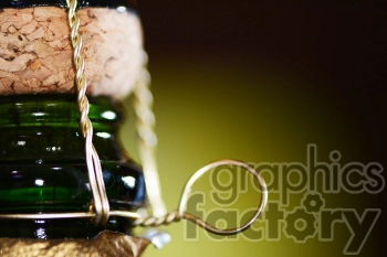 Close-up of a champagne bottle cork with wire cage securing it.