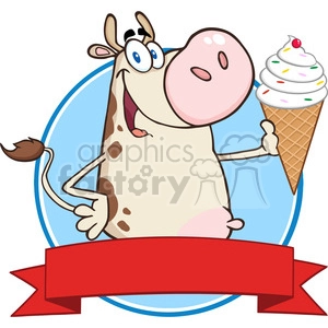 Royalty Free RF Clipart Illustration Happy Cow Cartoon Mascot Character Holding A Ice Cream Circle Banner