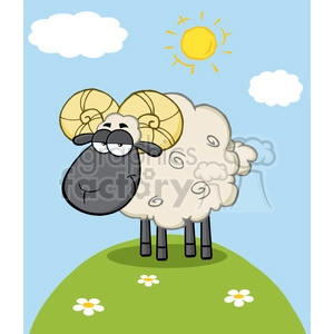 Royalty Free RF Clipart Illustration Cute Black Head Ram Sheep Cartoon Mascot Character On A Hill