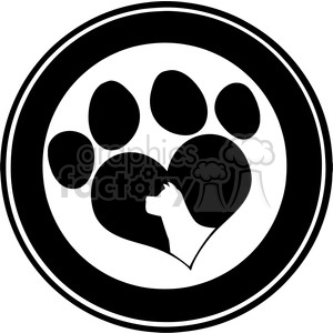 The image displays a stylized black and white graphic of an animal paw print with a heart shape in the center of the largest pad. Inside the heart, there is a silhouette of a dog's profile facing right. The entire image is contained within a circular border.