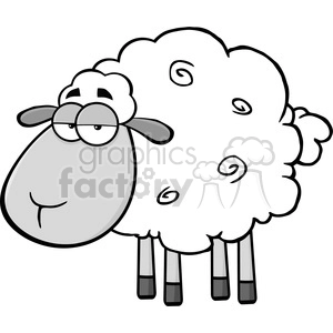 The image is a black and white clipart of a cartoon sheep. The sheep has a fluffy body, a humorous facial expression with droopy eyes and glasses, and appears to be standing.