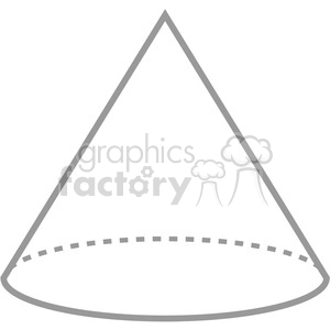 Clipart image of a 3D wireframe cone with a solid outline and a dashed elliptical base.