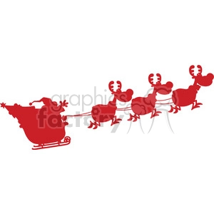 Red Silhouettes Of Santa Claus In Flight With His Reindeer And Sleigh Vector Illustration Isolated On White Background