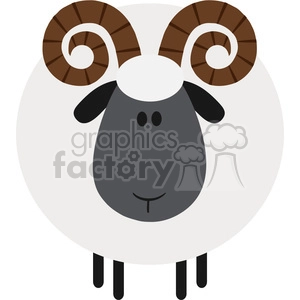 This clipart image features a stylized cartoon sheep with a large, fluffy white body, a dark grey face, and exaggerated spiral horns that are brown in color. It has simple black stick legs and a cute expression with two dots for eyes and a little line for a mouth.