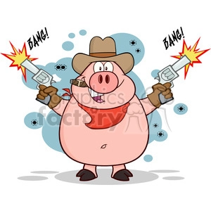 This clipart image features a cartoon pig dressed as a cowboy. The pig is standing upright and wielding two guns, which it is firing. There are onomatopoeic words BANG! indicating the sound of the shots, and bullets holes and smoke in the background, suggesting a gunfight.