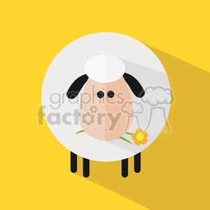 The image is a colorful and simplistic illustration of a cartoon sheep or lamb. The sheep is stylized with a large round white body, a peach-colored face, two small black dots for eyes, floppy black ears, and black legs. The sheep is holding a green stalk in its mouth which ends with a yellow flower. The background is bright yellow, giving a cheerful and sunny impression.