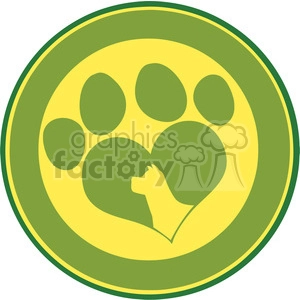 This image shows a stylized representation of a dog paw print that creates a heart shape within its design. Inside the heart shape, there is a silhouette of a dog's head and upper torso, also stylized.