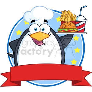 Royalty Free RF Clipart Illustration Chef Penguin Holding A Platter With French Fries And A Soda Circle Banner