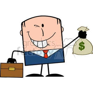 The clipart image depicts a comical and silly cartoon businessman who is winking, holding a briefcase, and a money bag. This cartoon character seems to be happy and confident about investing or carrying money.
