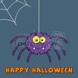 8956 Royalty Free RF Clipart Illustration Smiling Purple Halloween Spider Cartoon Character On A Web With Text Vector Illustration Greeting Card