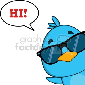 8816 Royalty Free RF Clipart Illustration Cute Blue Bird With Sunglasses Cartoon Character Looking From A Corner With Speech Bubble And Text Vector Illustration Isolated On White