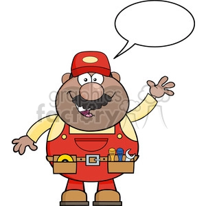 8526 Royalty Free RF Clipart Illustration Smiling African American Mechanic Cartoon Character Waving For Greeting Vector Illustration With Speech Bubble