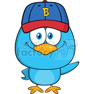 8842 Royalty Free RF Clipart Illustration Smiling Blue Bird Cartoon Character With Baseball Hat Waving Vector Illustration Isolated On White