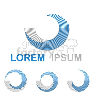 Clipart image featuring a circular, crescent-like design with blue and gray lines. The text 'Lorem Ipsum' is displayed below the design in blue and gray colors respectively. There are also smaller variations of the central design at the bottom.