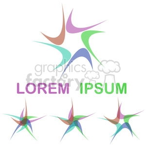 This clipart image features five abstract star shapes composed of colorful, overlapping, curved elements in purple, green, blue, teal, and brown. The words 'Lorem Ipsum' are written in bold, uppercase letters below the largest star shape.