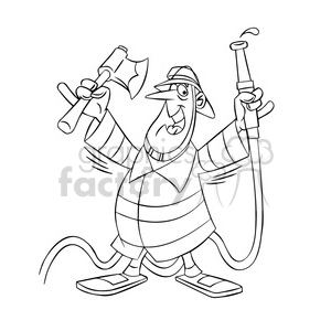 frank the cartoon firefighter holding an axe and hose black white